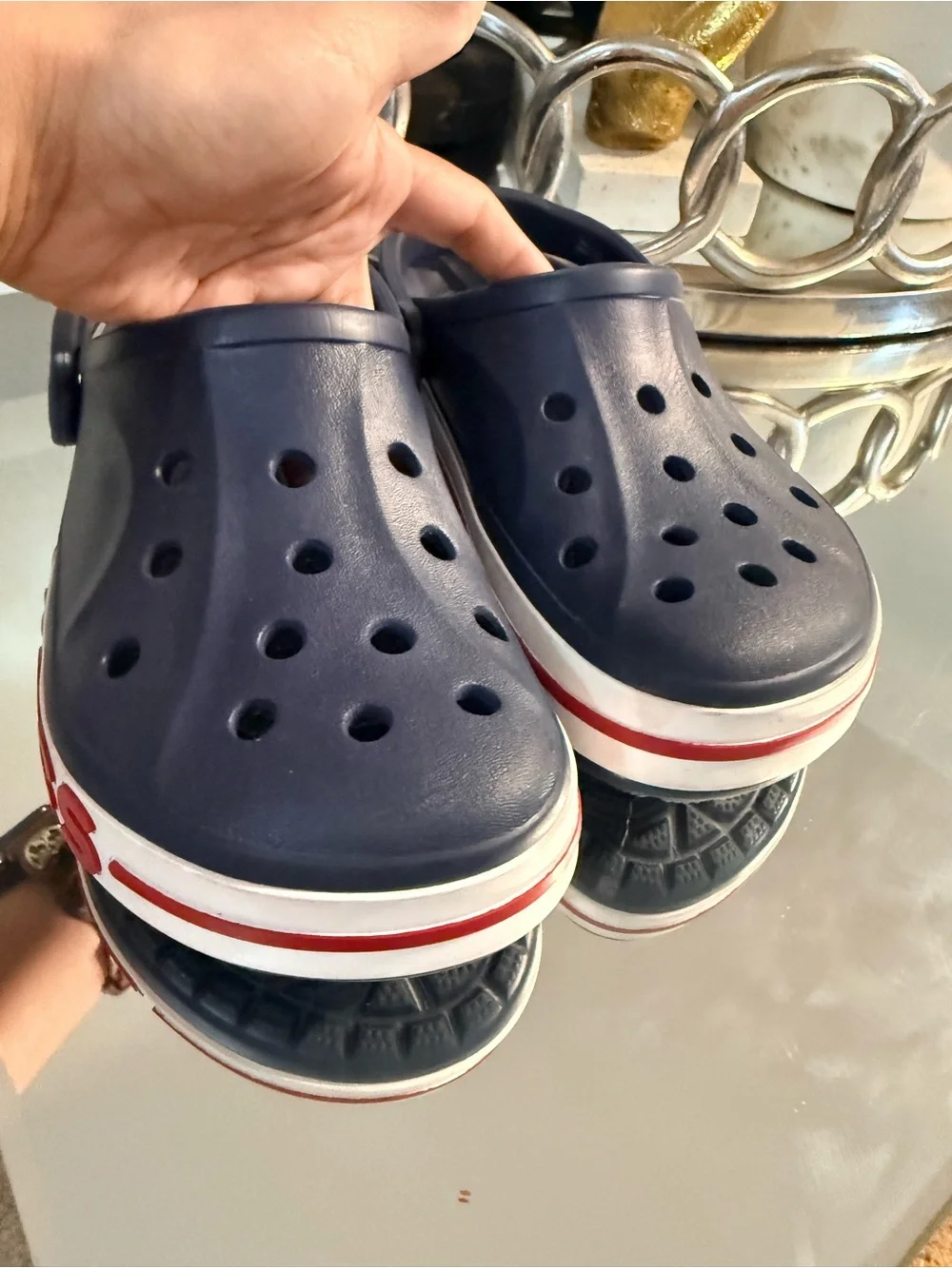 CROCS Kids Navy Clogs with White & Red Trim